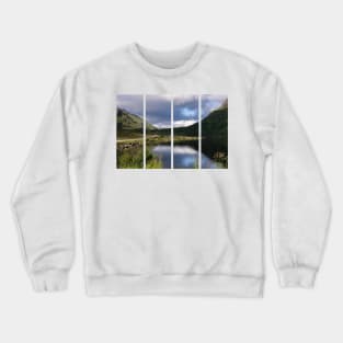 Wonderful landscapes in Norway. Nordland. Beautiful scenery of a white house in a valley on the Lofoten Islands. Summer sunny day Crewneck Sweatshirt